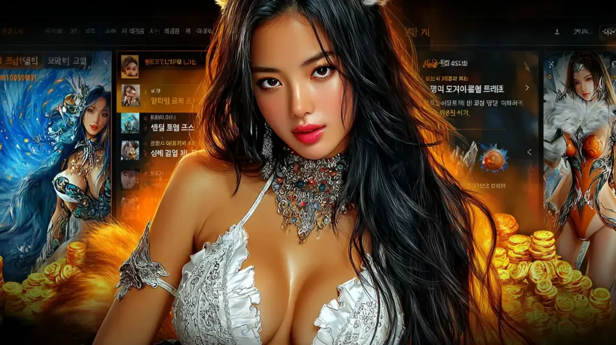 Beautiful Asian woman with long dark hair in elegant white outfit surrounded by gold coins stacks and fantasy game characters in casino environment