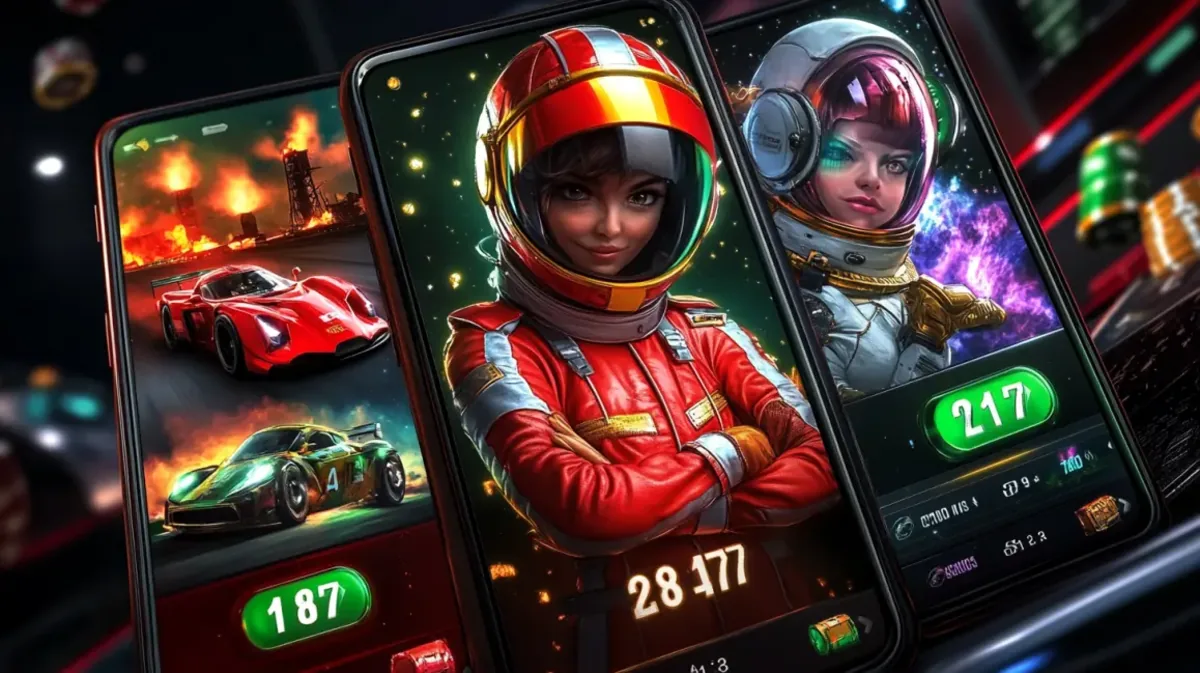Three smartphones displaying racing games with female characters in racing helmets and space suits alongside exotic sports cars and score displays